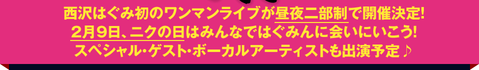 西沢はぐみ初のワンマンライブが昼夜二部制で開催決定！2月9日、ニクの日はみんなではぐみんに会いにいこう！スペシャル･ゲスト･ボーカルアーティストも出演予定♪